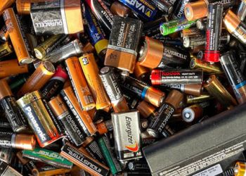 Recycling a large pile of batteries.